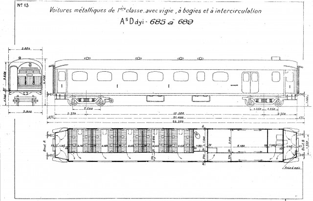 5 voitures A5Ddyi 685 à 689 - à noter la double porte du fourgon, ainsi que le périscope pour le Chef de Train