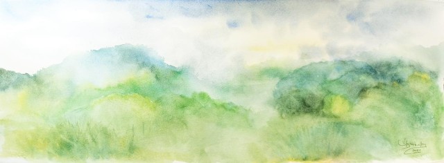 Le plus beau : le brouillon (environ 80 cm de large) du fond de décor réalisé par Mme Pélican, pour le réseau d'André actuellement en construction : "Les Confits des Ments". Félicitations à Madame Pélican pour ses talents d'aquarelliste !