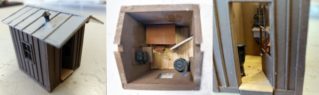 Trois vues du modèle « bois ». Au Nord, ces guérites étaient utilisées pour les agents en service aux passages à niveau ou même de certains postes d’aiguillages ou de cantonnement. le confort des agents était assez spartiate. Pierre en a profité pour l’aménager, en y incluant un poêle (de chez FAB 432, distribué chez MODEL KITS), une table et sa chaise (de Preiser) et un téléphone mural (Copirail)… Sur ce prototype, le sol n’était pas dessiné, et Pierre l’a rapporté en touillettes à café.